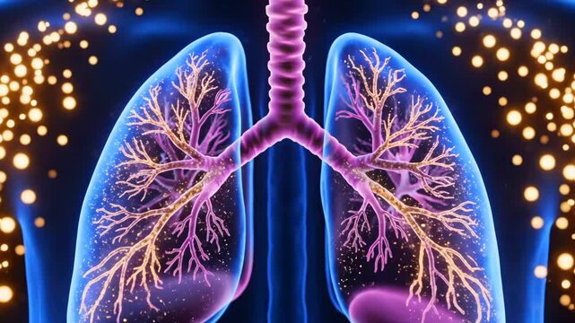 Visualization of nanoparticle based drug delivery in lung tissues, Detailed imaging showing nanoparticle dispersion around lung lesions and airways for therapeutic assessment
