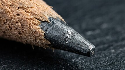 Close-up of sharpened pencil tip on wooden surface, detailed texture, black and brown tones, minimalist composition