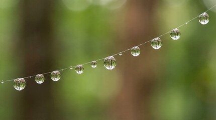 Dewdrops on a spider web in a lush green forest, nature's beauty, morning scene, water droplets, serene atmosphere