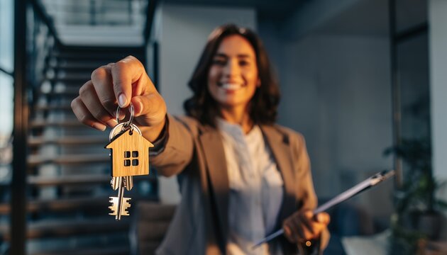 Smiling female real estate broker holding house keys with wooden keychain indoors, concept for housing market investment, property management and closing transactions