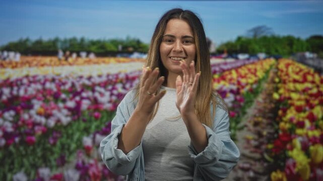 Woman clapping hands in studio with tulip field set behind her, smiling at camera while wearing a light denim shirt; joy celebration.