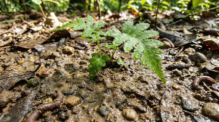 New growth emerges young plant thriving in moist forest soil nature photography lush environment close-up perspective