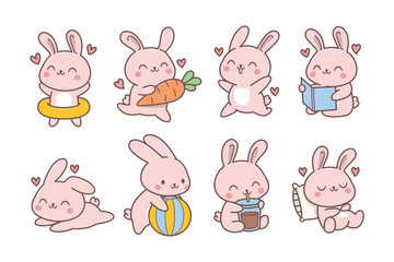 Cute rabbit with Multiple poses and activities vector illustration