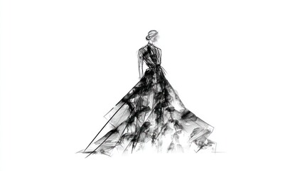 Monochrome fashion illustration of a woman in an elegant, flowing gown, artistic style