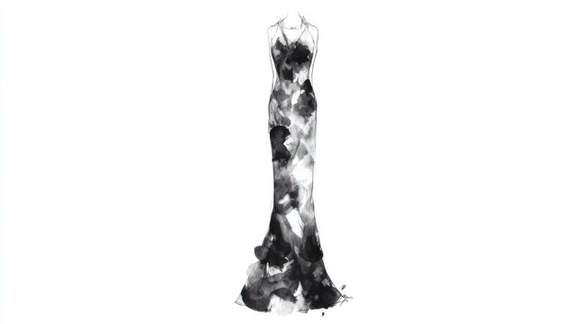 Black and white illustration of an elegant formal dress on a mannequin, watercolor style