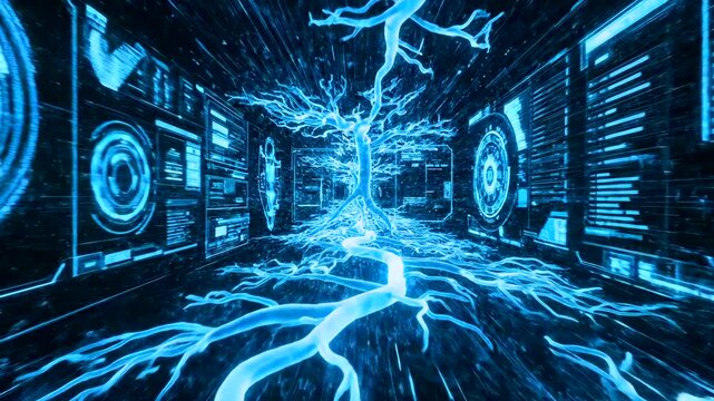 Bronchiallike neural stream flowing through futuristic data tunnel with electrical pulses, code overlays and immersive network visuals conveying highspeed bioinformatics flow