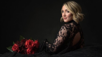 A woman in a dark dress with back cutout turns, smiling, next to a bouquet of red roses