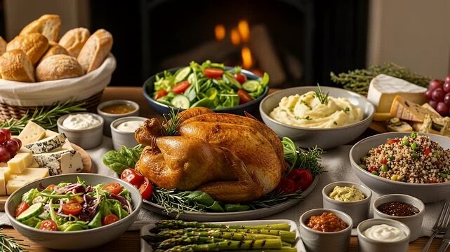 roasted turkey feast with sides on a festive table