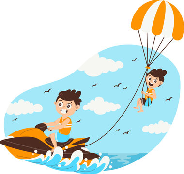 Water sports activity of men riding a speed boat with women parasailing