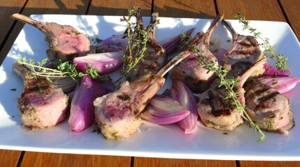 Grilled lamb chops with red onions and herbs arranged artfully on a white plate
