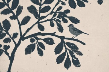 Illustration of a perched bird on a branch, with leaves and a sepia background