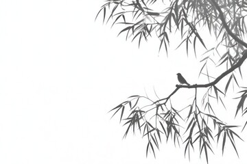 Black and white illustration with bamboo leaves, a branch, and a small bird perched