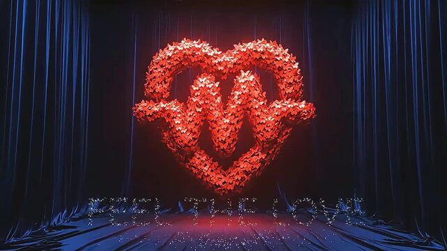 Artistic red heart head sculpture on a stage exploding into a pulse symbol with Feel The Love text perfect for deep emotional brand messaging
