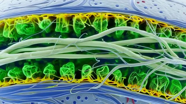 vibrant microscopic leaf crosssection reveals layered mesophyll, pale vascular strands, green chloroplast clusters and yellow cuticle under high magnification, detailed botanical texture