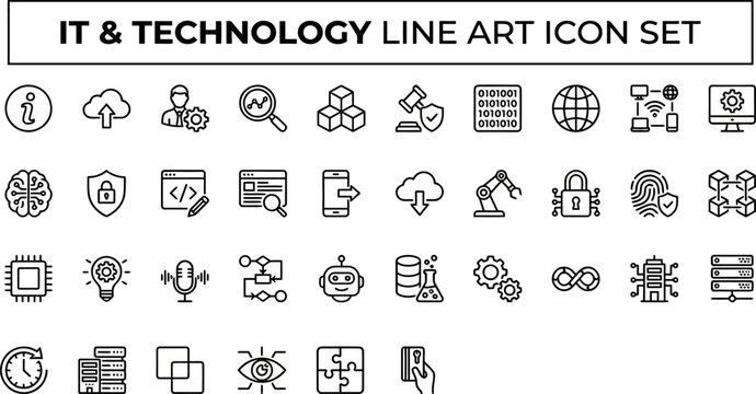 IT Technology Digital Line Icons Vector Set &ndash; Computer Network Cloud Server Mobile Device Software Security Data Hardware Outline Icon Pack UI Web App