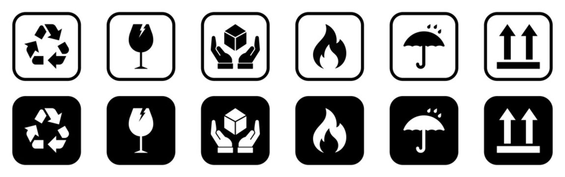 Packaging handling symbols set showing fragile, flammable, recycle, keep dry, this side up and handle with care signs. Useful for shipping, logistics, warehouse labeling, cartons, cargo boxes.
