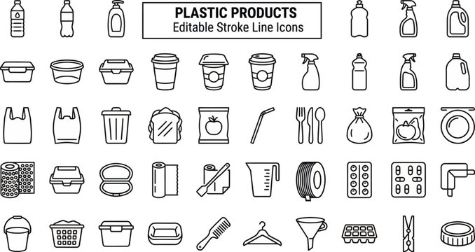 Plastic Products Packaging Outline Icons Vector Set &ndash; Bottle Container Bag Cup Tube Waste Recycling Material Household Straw Wrapper Thin Icon Pack UI Web App
