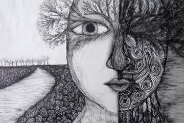 Surreal grayscale art merges a face with a tree, landscape on the left