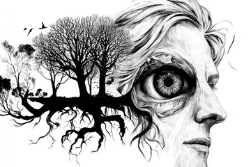 Surreal grayscale artwork merging a human face profile with trees and their roots