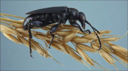 Macro shot of a shiny black insect with long antennae resting on a wheat stalk