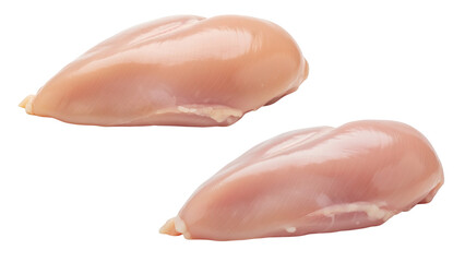 Two raw, boneless, skinless chicken breasts sit against a black background. They appear fresh and ready for cooking