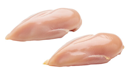 Two raw, boneless chicken breasts isolated on a transparent background, showcasing their fresh, pink meat and natural texture