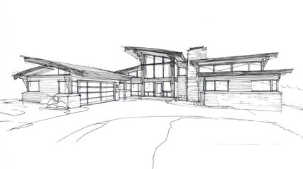 Architectural sketch of a modern home, with a sloped roof and large windows