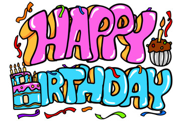 Graffiti with the text HAPPY BIRTHDAY with a pastel pink and blue color theme and birthday cake decorations and some ribbons