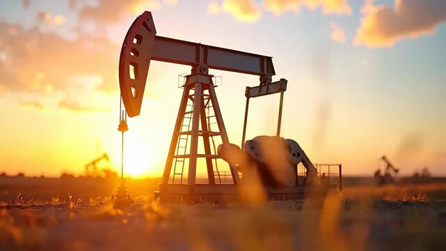 Oil pump jack extracting crude oil from the ground at sunset.