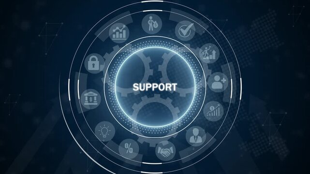Futuristic digital interface displaying the word SUPORT surrounded by glowing representing business services and financial data on a dark blue background with network lines and dots