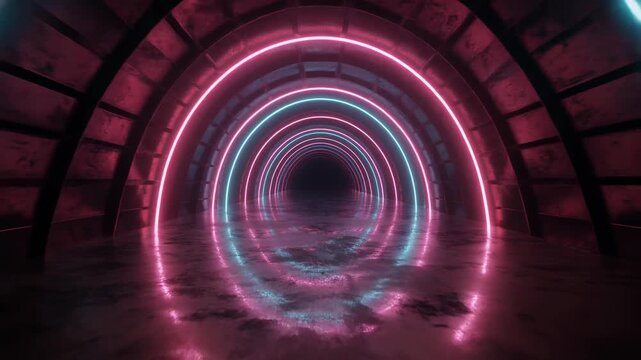 Neon lit tunnel with vibrant pink and blue concentric circles.