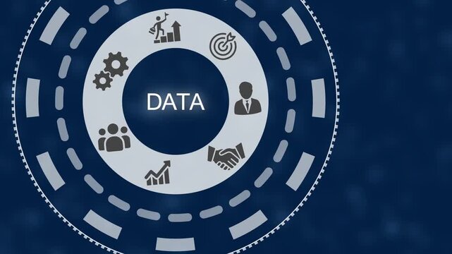 Circular infographic diagram representing data in business with for teamwork, gears, success, goals, handshake, and progress on a dark blue abstract background