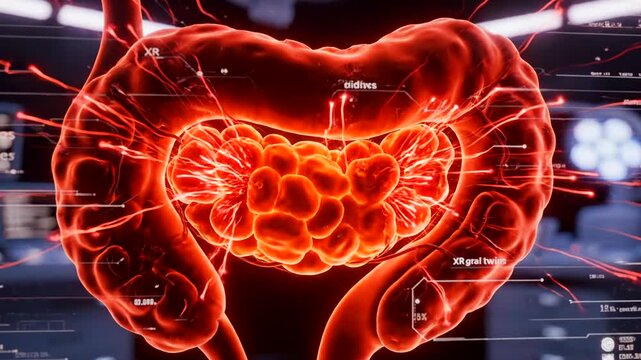 Neon intestine hologram pulsing with activity and color change from green to red, surrounded by surgical lights, analytics panels and inflammation markers for digestive assessment.