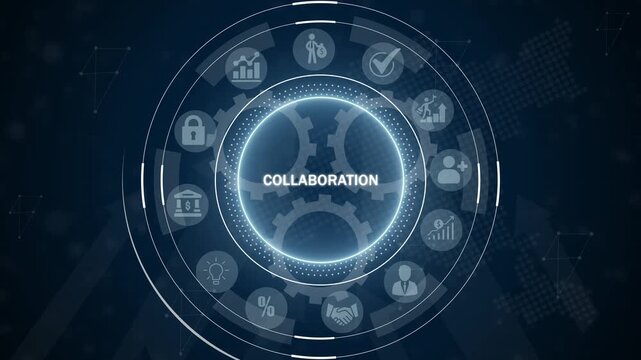 Glowing circular digital interface featuring the word COLABORATION at its center, surrounded by business and gears on a dark blue abstract network background