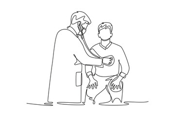 Obraz premium Doctor exanimating patient with a stethoscope. Doctor visit and consul concept. Single line draw design. Vector graphic illustration