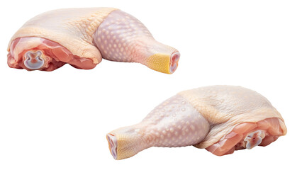 Two raw chicken legs, isolated against a solid black background, showcasing details of skin, muscle, and bone in a studio setup