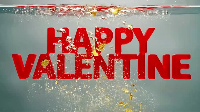 Happy Valentine red text submerged in water with gold bubble for creative holiday greeting and seasonal professional video purpose perfect visual look