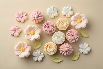 Handmade marshmallow flowers on neutral beige background, minimal food styling, luxury confectionery look