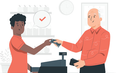 Obraz premium Customer making a card payment to a shopkeeper at a checkout counter in a retail store