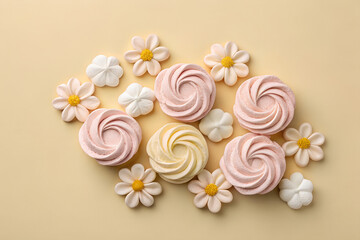 Fototapeta premium Handmade marshmallow flowers on neutral beige background, minimal food styling, luxury confectionery look