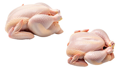 Two raw, whole chickens, freshly prepared with pale skin, are set against a transparent background, perfect for culinary purposes