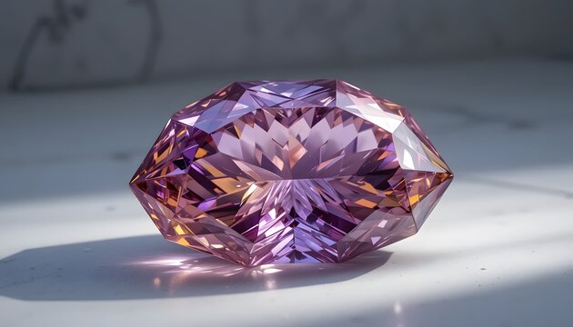 Radiant purple gemstone sparkling on a reflective surface capturing light and elegance. ametrine