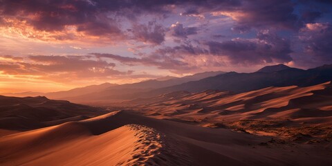 Fototapeta premium Dramatic desert sand dunes at sunset with colorful clouds and distant mountains panorama