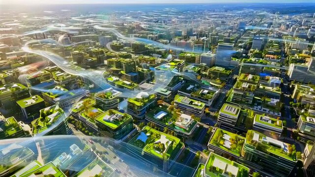 aerial daytime view green mobility corridors with elevated transit lanes and treelined blocks, rooftop gardens and solar arrays, planners and cyclists testing lanes, sustainable