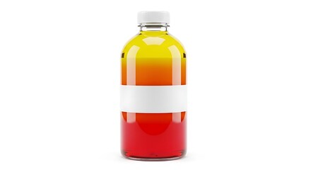 Clear glass bottle with layered colorful liquids and white label.
