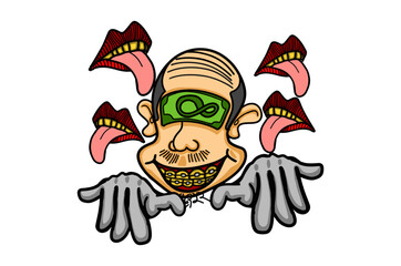 A caricature of an old man's head with his eyes covered with banknotes and his mouth licking the money.