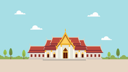 Traditional Thai Temple Building Architecture Flat Vector Illustration.Traditional Thai Buddhist temple or "Wat". The architecture features characteristic multi-tiered red roofs with golden decorative