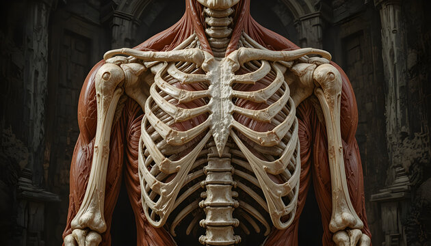 Human skeleton with muscles and bones visible