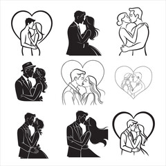 Couple kiss romantic heart shape line vector