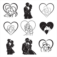 Romantic kiss couple heart shape black outline